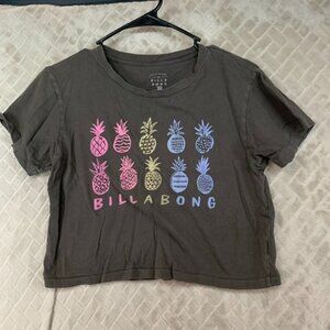 Billabong Womens Large T-Shirt Gray Cropped Pineapple Graphic Aloha Short Sleeve